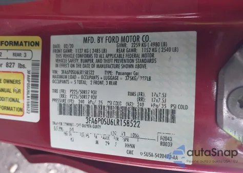 2020 Ford Fusion Plug-In Hybrid Titanium z USA, uszkodzony, nr VIN 3FA6P0SU6LR158522